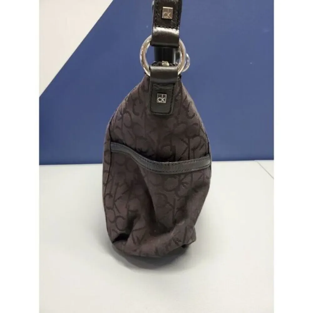 Calvin Klein Hobo Bag Womens Black Canvas‎ Shoulder Strap Silver Hardware